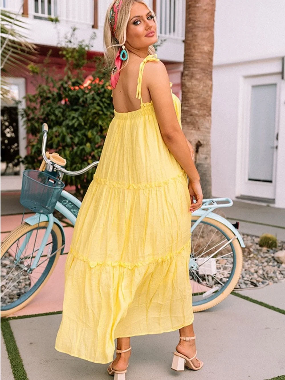 Impressions Yellow Tiered Tie Strap Midi Dress Ruffle Smocked Boho Size Medium